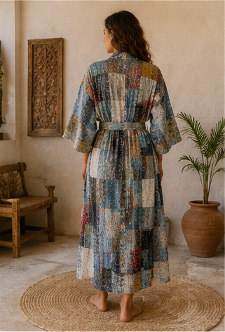 Vintage Kantha Kimono Robe — Handmade Cotton Grey Dressing Gown