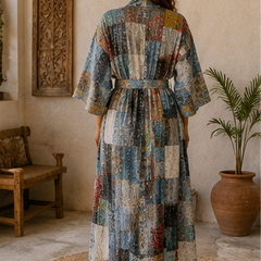 Vintage Kantha Kimono Robe — Handmade Cotton Grey Dressing Gown