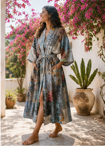 Vintage Kantha Kimono Robe — Handmade Cotton Grey Dressing Gown