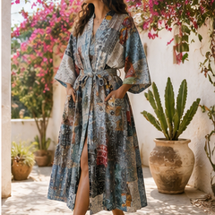 Vintage Kantha Kimono Robe — Handmade Cotton Grey Dressing Gown