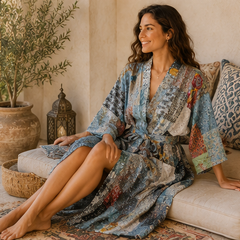 Vintage Kantha Kimono Robe — Handmade Cotton Grey Dressing Gown