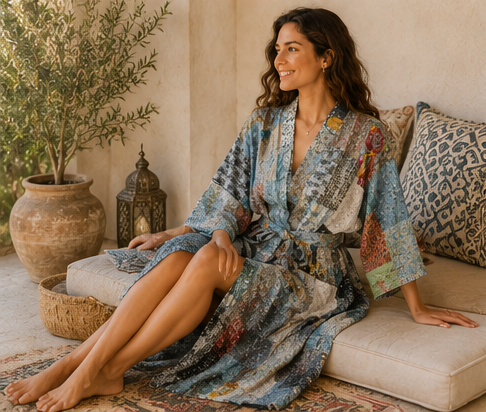 Vintage Kantha Kimono Robe — Handmade Cotton Grey Dressing Gown