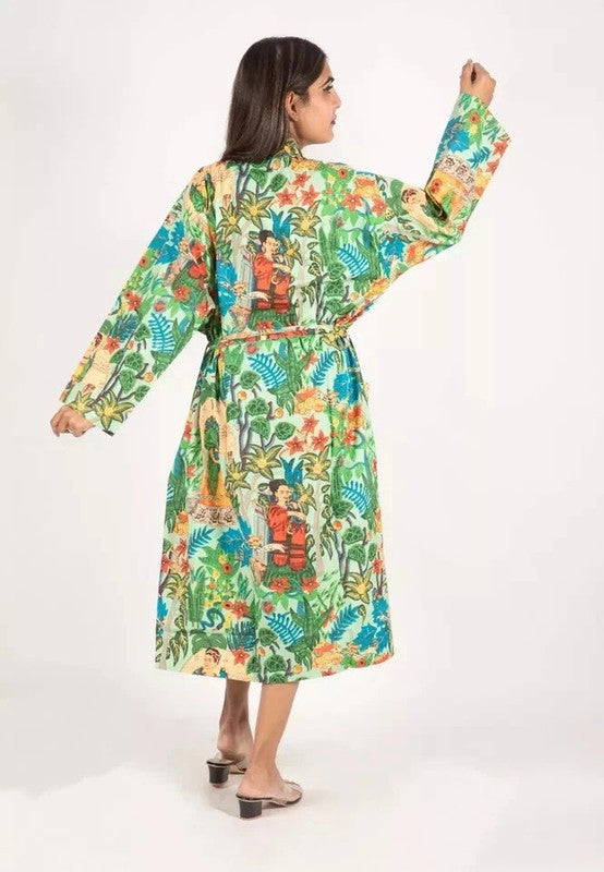 Women's Green Cotton Kimono Robe - Pure Cotton Dressing Gown