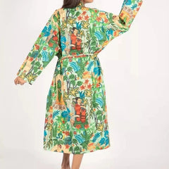 Women's Green Cotton Kimono Robe - Pure Cotton Dressing Gown