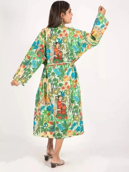 Women's Green Cotton Kimono Robe - Pure Cotton Dressing Gown