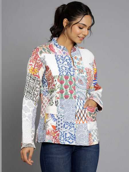 White Cotton Handcrafted Kantha Quilted Reversible Patchwork Jacket Handmade Cotton Coat