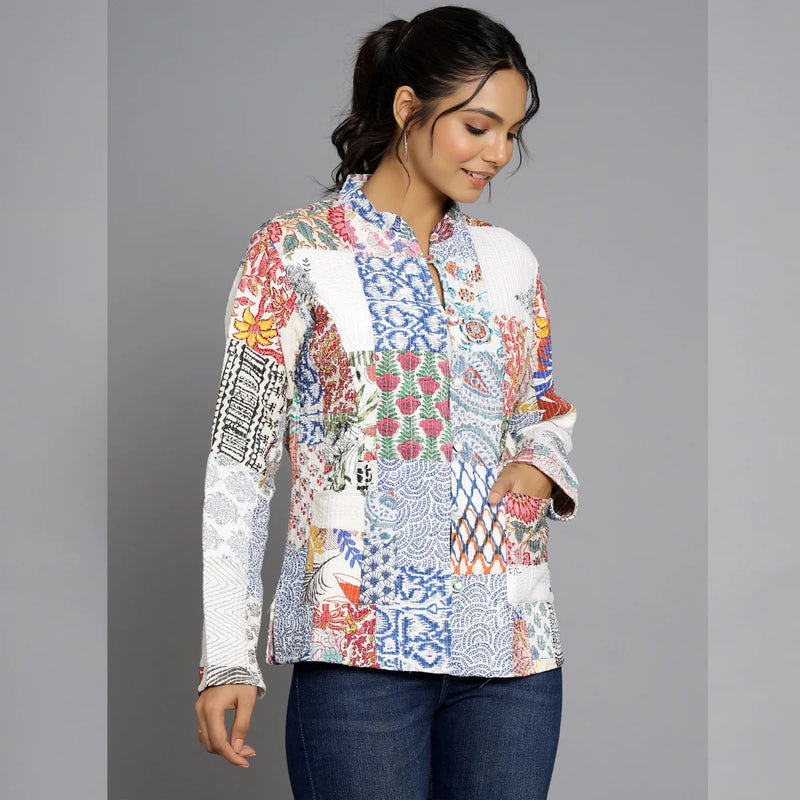 White Cotton Handcrafted Kantha Quilted Reversible Patchwork Jacket Handmade Cotton Coat