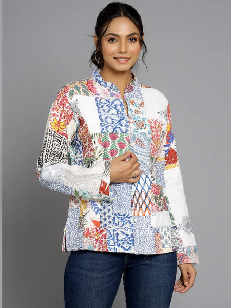 White Cotton Handcrafted Kantha Quilted Reversible Patchwork Jacket Handmade Cotton Coat