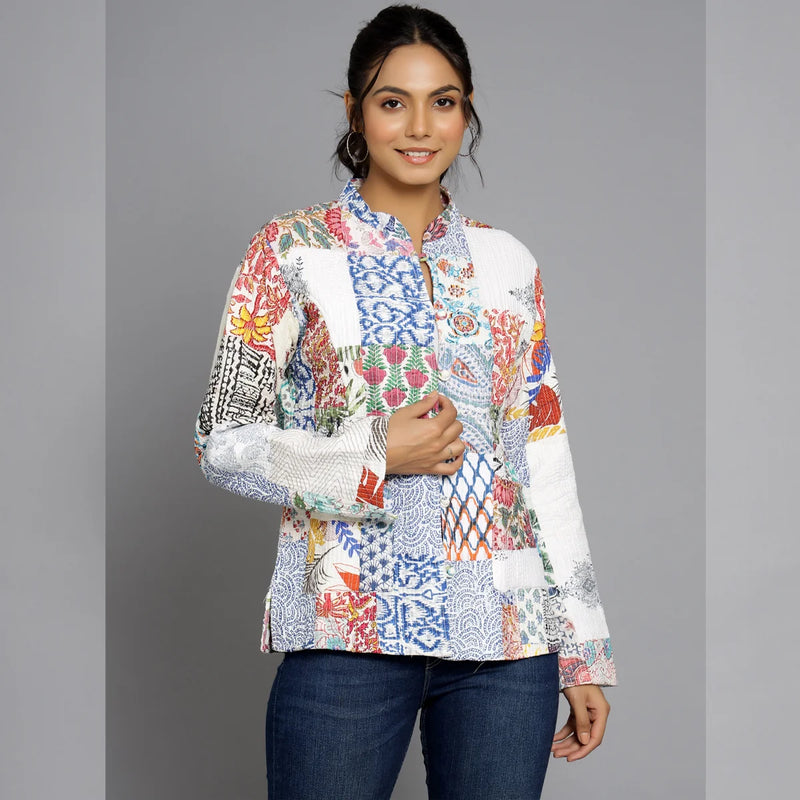 White Cotton Handcrafted Kantha Quilted Reversible Patchwork Jacket Handmade Cotton Coat
