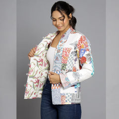 White Cotton Handcrafted Kantha Quilted Reversible Patchwork Jacket Handmade Cotton Coat