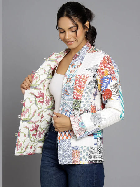 White Cotton Handcrafted Kantha Quilted Reversible Patchwork Jacket Handmade Cotton Coat