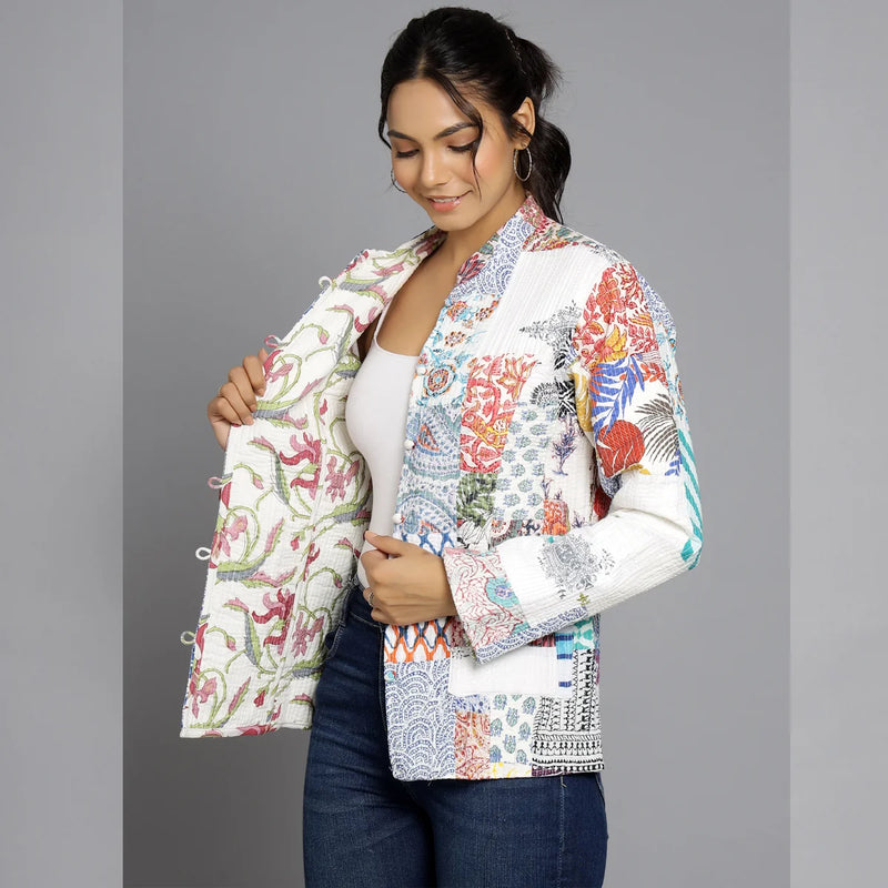 White Cotton Handcrafted Kantha Quilted Reversible Patchwork Jacket Handmade Cotton Coat