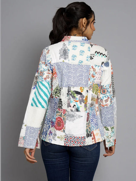 White Cotton Handcrafted Kantha Quilted Reversible Patchwork Jacket Handmade Cotton Coat