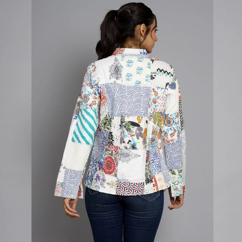 White Cotton Handcrafted Kantha Quilted Reversible Patchwork Jacket Handmade Cotton Coat