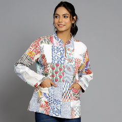 White Cotton Handcrafted Kantha Quilted Reversible Patchwork Jacket Handmade Cotton Coat