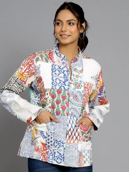 White Cotton Handcrafted Kantha Quilted Reversible Patchwork Jacket Handmade Cotton Coat