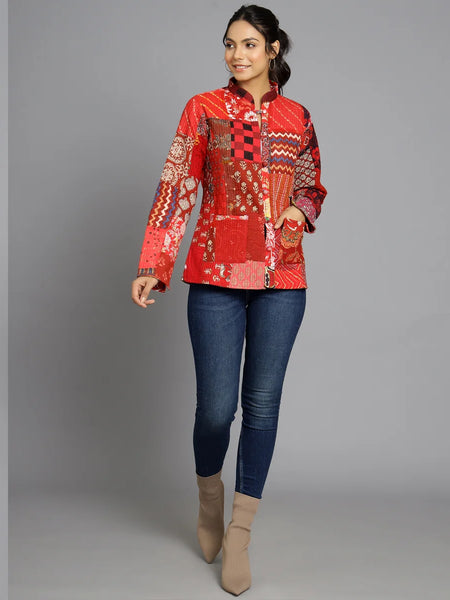 Handmade Cotton Quilted Jacket Unique Coat for Red Patchwork Women Artisan Boho Outerwear