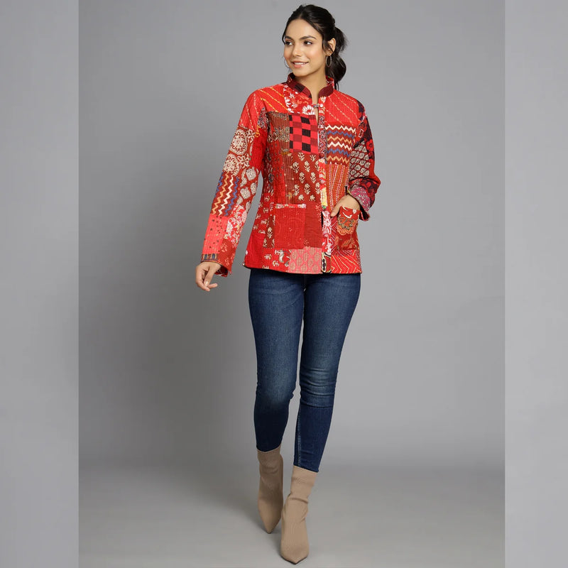 Handmade Cotton Quilted Jacket Unique Coat for Red Patchwork Women Artisan Boho Outerwear