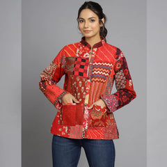 Handmade Cotton Quilted Jacket Unique Coat for Red Patchwork Women Artisan Boho Outerwear