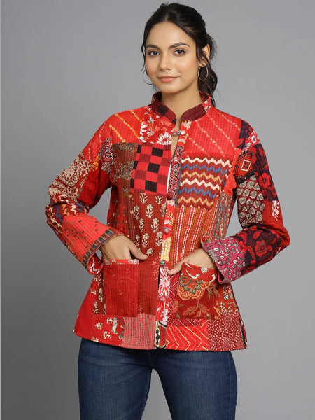 Handmade Cotton Quilted Jacket Unique Coat for Red Patchwork Women Artisan Boho Outerwear
