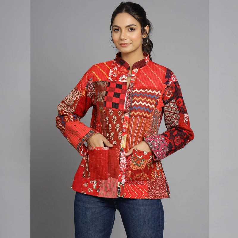 Handmade Cotton Quilted Jacket Unique Coat for Red Patchwork Women Artisan Boho Outerwear
