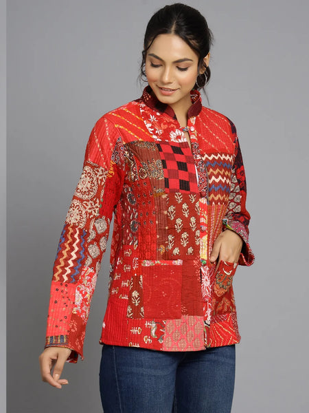 Handmade Cotton Quilted Jacket Unique Coat for Red Patchwork Women Artisan Boho Outerwear