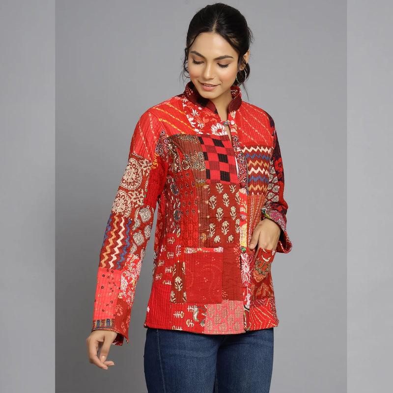 Handmade Cotton Quilted Jacket Unique Coat for Red Patchwork Women Artisan Boho Outerwear
