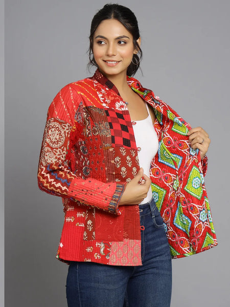 Handmade Cotton Quilted Jacket Unique Coat for Red Patchwork Women Artisan Boho Outerwear