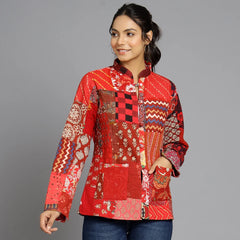 Handmade Cotton Quilted Jacket Unique Coat for Red Patchwork Women Artisan Boho Outerwear