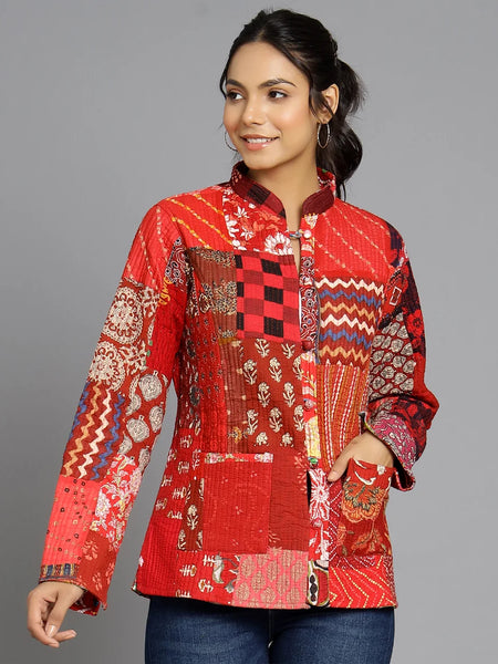 Handmade Cotton Quilted Jacket Unique Coat for Red Patchwork Women Artisan Boho Outerwear