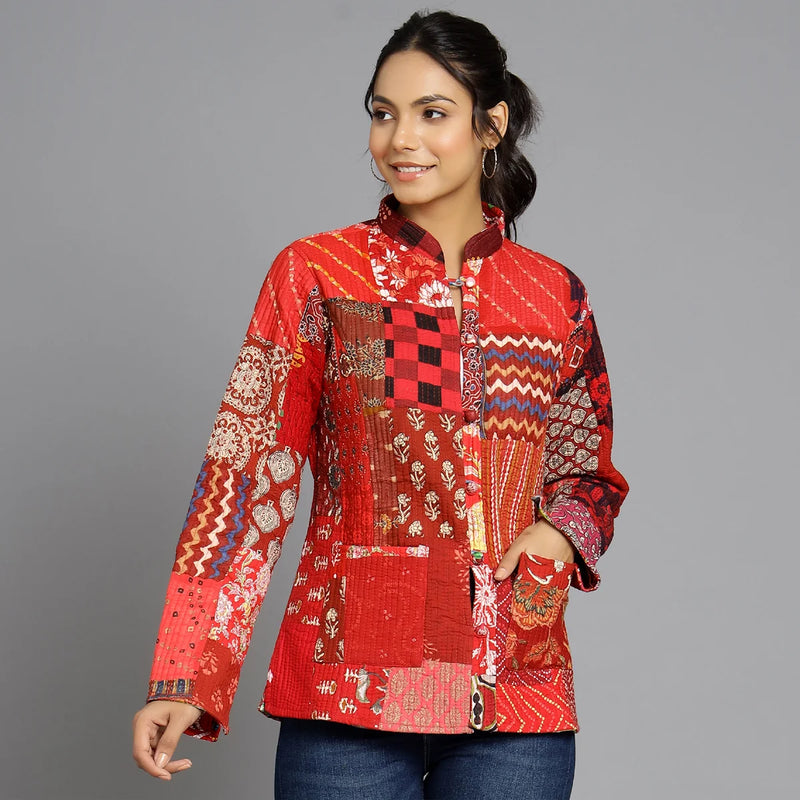 Handmade Cotton Quilted Jacket Unique Coat for Red Patchwork Women Artisan Boho Outerwear