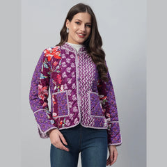 Stylish and Cozy Purple Casual Quilted Jacket with Unique Patchwork Design