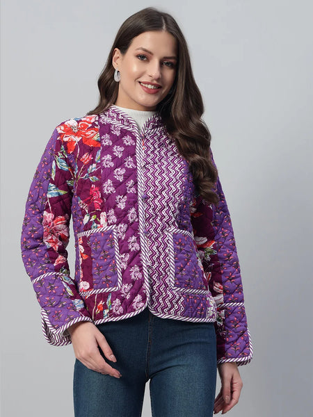 Stylish and Cozy Purple Casual Quilted Jacket with Unique Patchwork Design