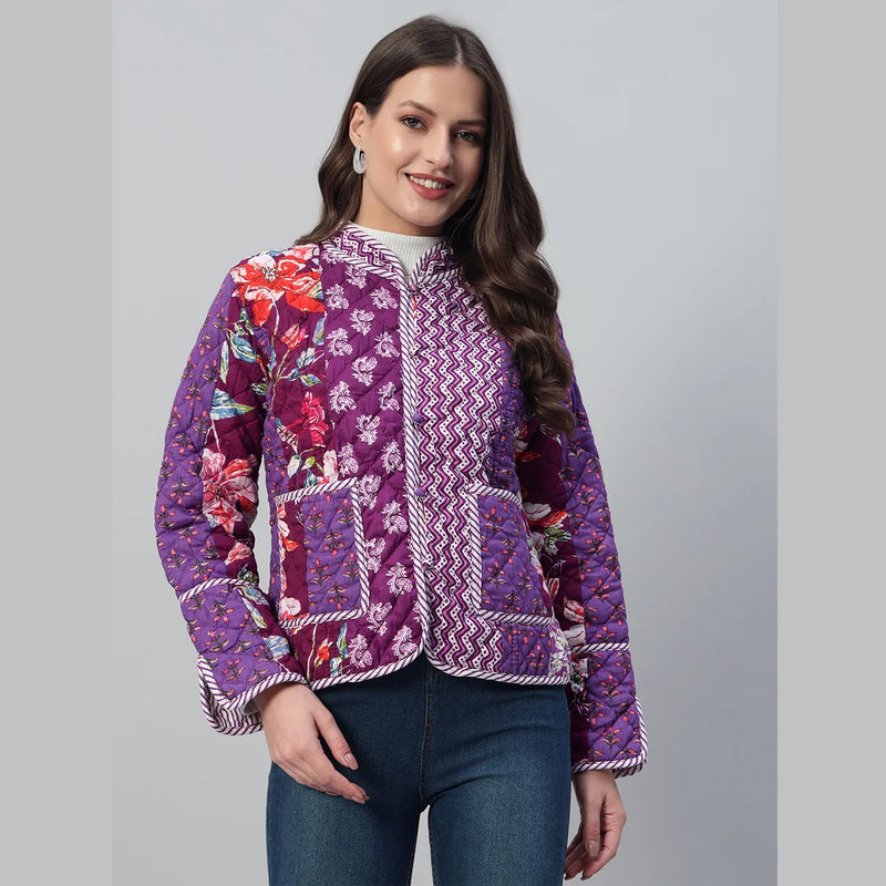 Stylish and Cozy Purple Casual Quilted Jacket with Unique Patchwork Design