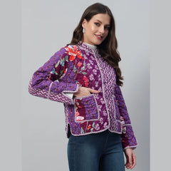 Stylish and Cozy Purple Casual Quilted Jacket with Unique Patchwork Design