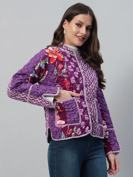Stylish and Cozy Purple Casual Quilted Jacket with Unique Patchwork Design