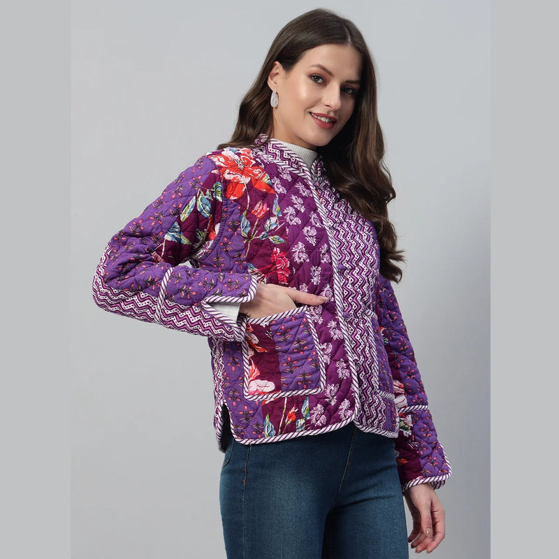 Stylish and Cozy Purple Casual Quilted Jacket with Unique Patchwork Design