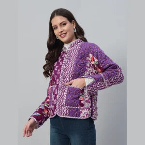 Stylish and Cozy Purple Casual Quilted Jacket with Unique Patchwork Design
