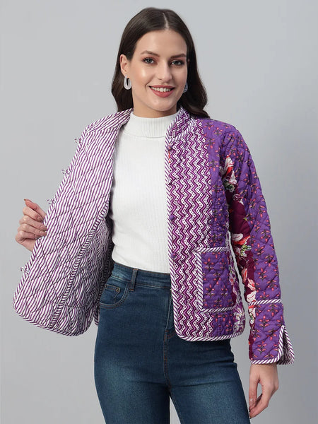 Stylish and Cozy Purple Casual Quilted Jacket with Unique Patchwork Design