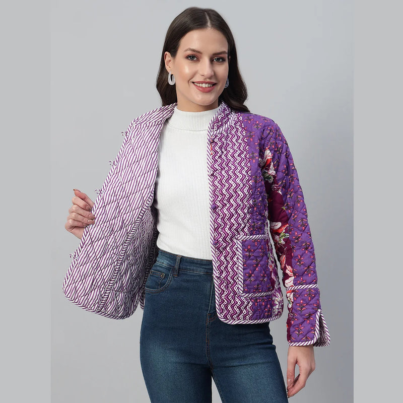 Stylish and Cozy Purple Casual Quilted Jacket with Unique Patchwork Design
