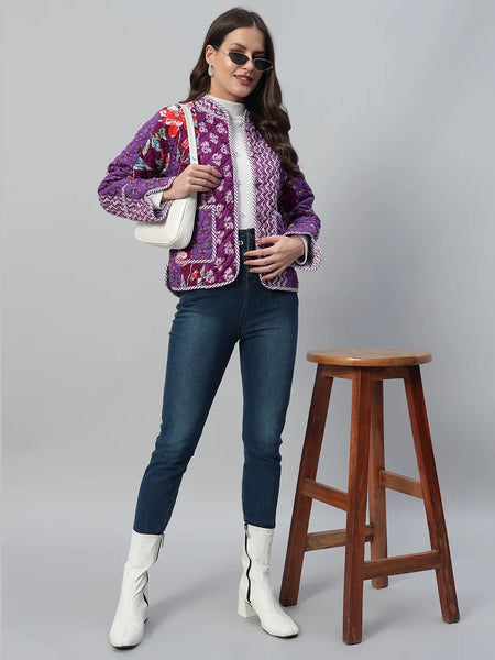 Stylish and Cozy Purple Casual Quilted Jacket with Unique Patchwork Design