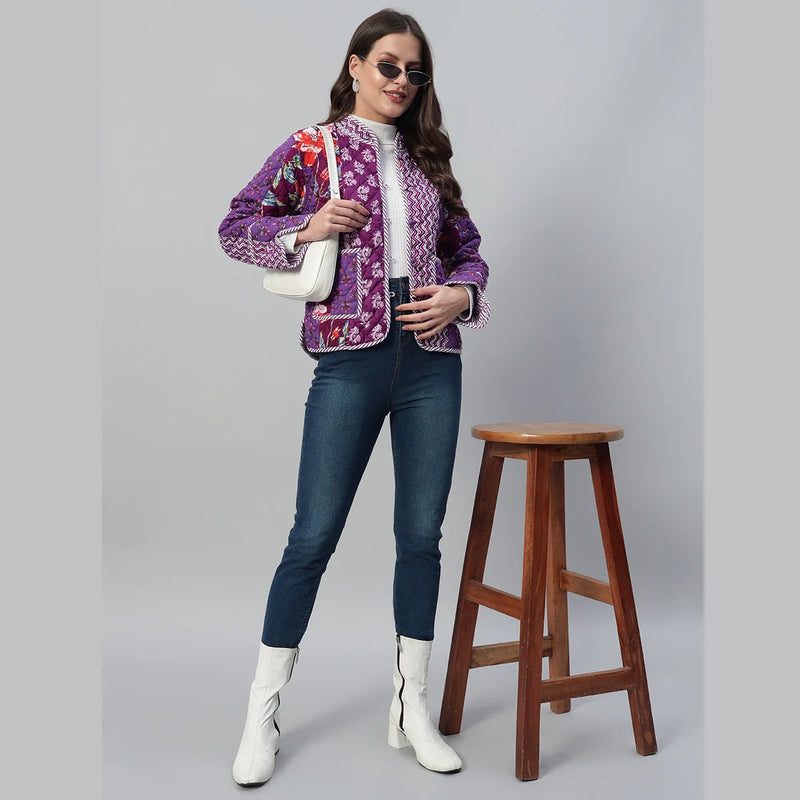 Stylish and Cozy Purple Casual Quilted Jacket with Unique Patchwork Design