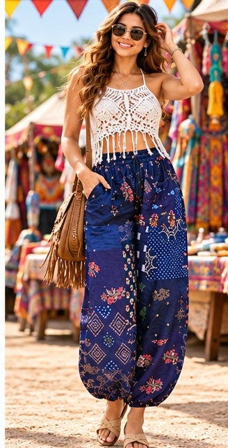 Boho Patchwork Harem Pants – Handmade Hippie Trousers for Yoga & Festivals - kraafty-com