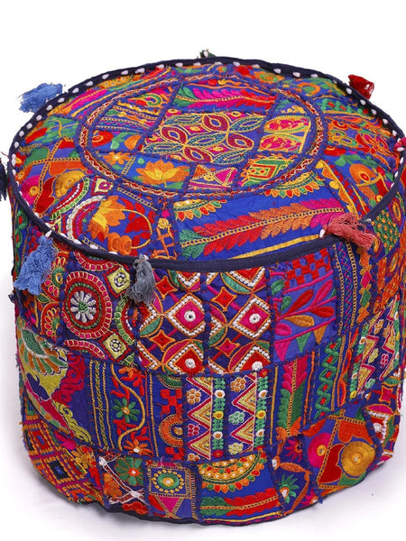 Handmade Bohemian Patchwork Cotton Ottoman Pouf Cover - Multicolor Traditional Khambariya Embroidered Indian Floor Pillow, Vintage Footstool, Hippie Gypsy Home Decor - 3