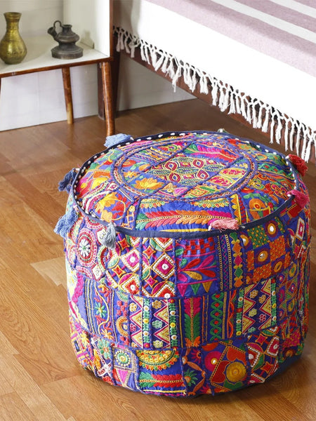 Handmade Bohemian Patchwork Cotton Ottoman Pouf Cover - Multicolor Traditional Khambariya Embroidered Indian Floor Pillow, Vintage Footstool, Hippie Gypsy Home Decor - 3