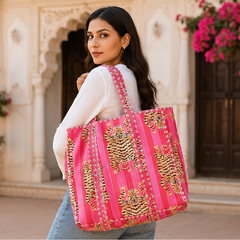 Handmade Quilted Pink Tote Bag | 100% Cotton, Reversible, Beach & Grocery Bag