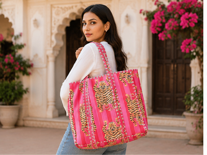 Handmade Quilted Pink Tote Bag | 100% Cotton, Reversible, Beach & Grocery Bag