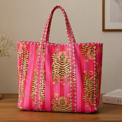 Handmade Quilted Pink Tote Bag | 100% Cotton, Reversible, Beach & Grocery Bag
