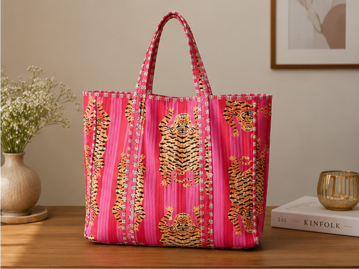 Handmade Quilted Pink Tote Bag | 100% Cotton, Reversible, Beach & Grocery Bag