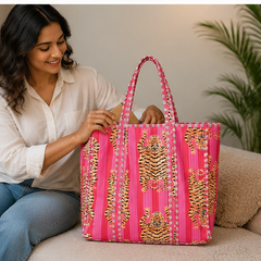 Handmade Quilted Pink Tote Bag | 100% Cotton, Reversible, Beach & Grocery Bag